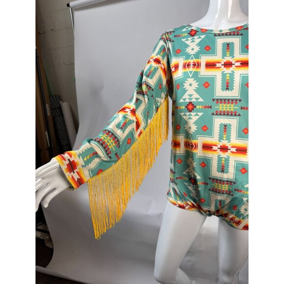 GG Western Wear Aztec Print Long Sleeve Fringe Body Suit - Picture 10 of 16
